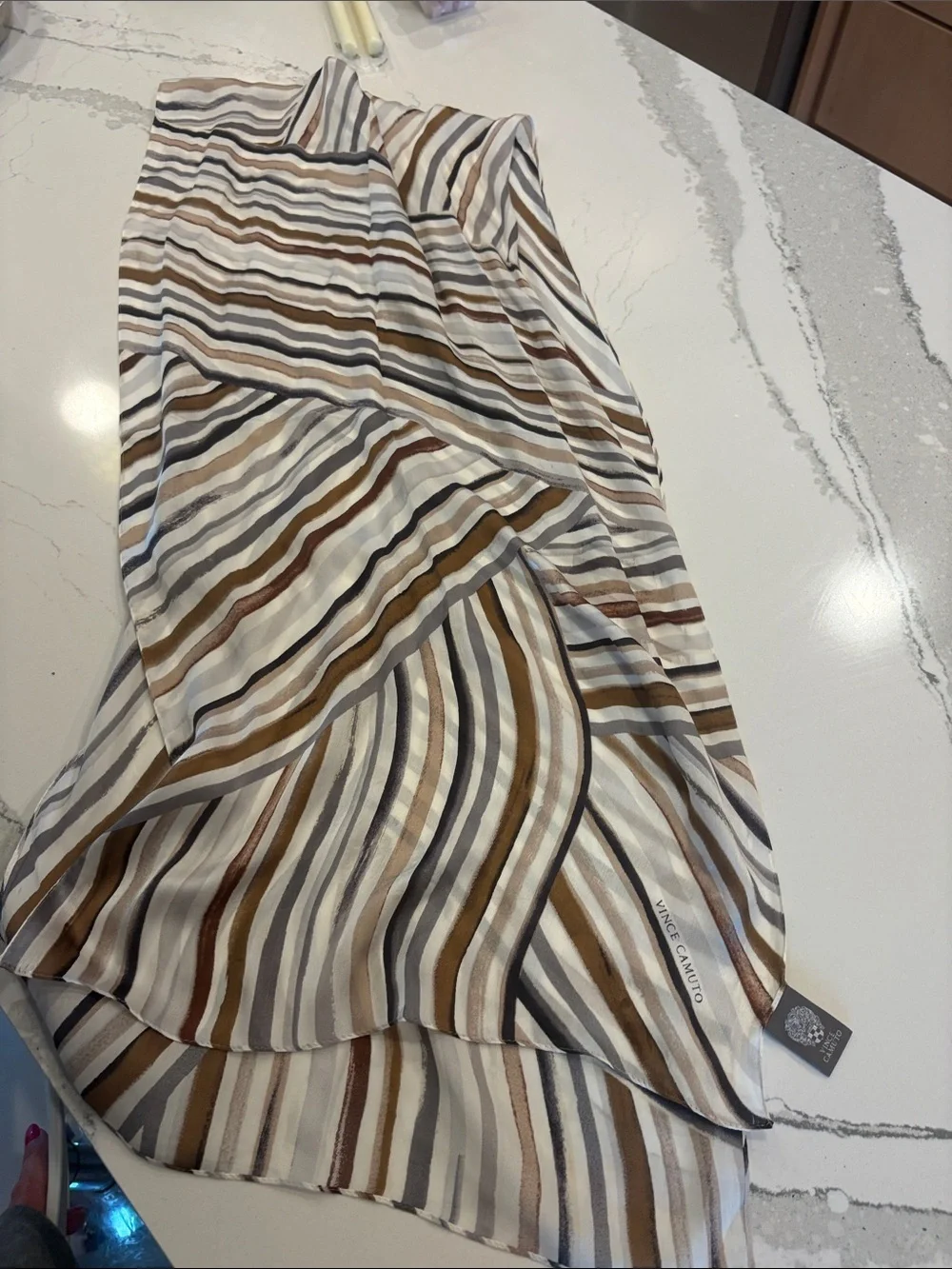 Vince Camuto Striped Asymmetrical Midi Scarf  in White, Brown & Gray 66 by 17